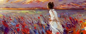 Preview wallpaper girl, field, flowers, art, bright, grass