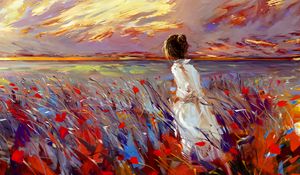Preview wallpaper girl, field, flowers, art, bright, grass