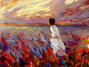 Preview wallpaper girl, field, flowers, art, bright, grass