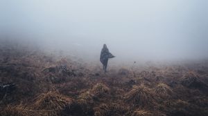 Preview wallpaper girl, field, grass, fog, alone