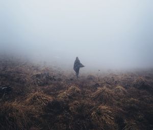 Preview wallpaper girl, field, grass, fog, alone