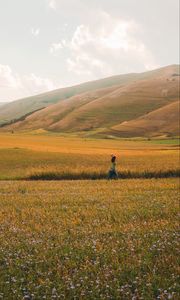 Preview wallpaper girl, field, hills, grass, flowers