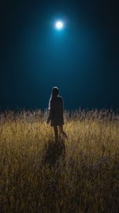 Preview wallpaper girl, field, night, moon, moonlight