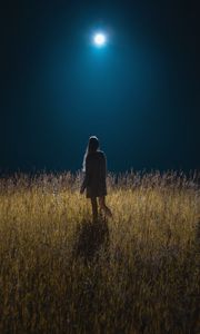 Preview wallpaper girl, field, night, moon, moonlight