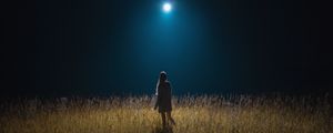 Preview wallpaper girl, field, night, moon, moonlight