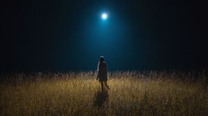 Preview wallpaper girl, field, night, moon, moonlight