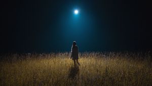 Preview wallpaper girl, field, night, moon, moonlight