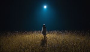 Preview wallpaper girl, field, night, moon, moonlight