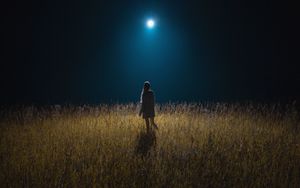 Preview wallpaper girl, field, night, moon, moonlight