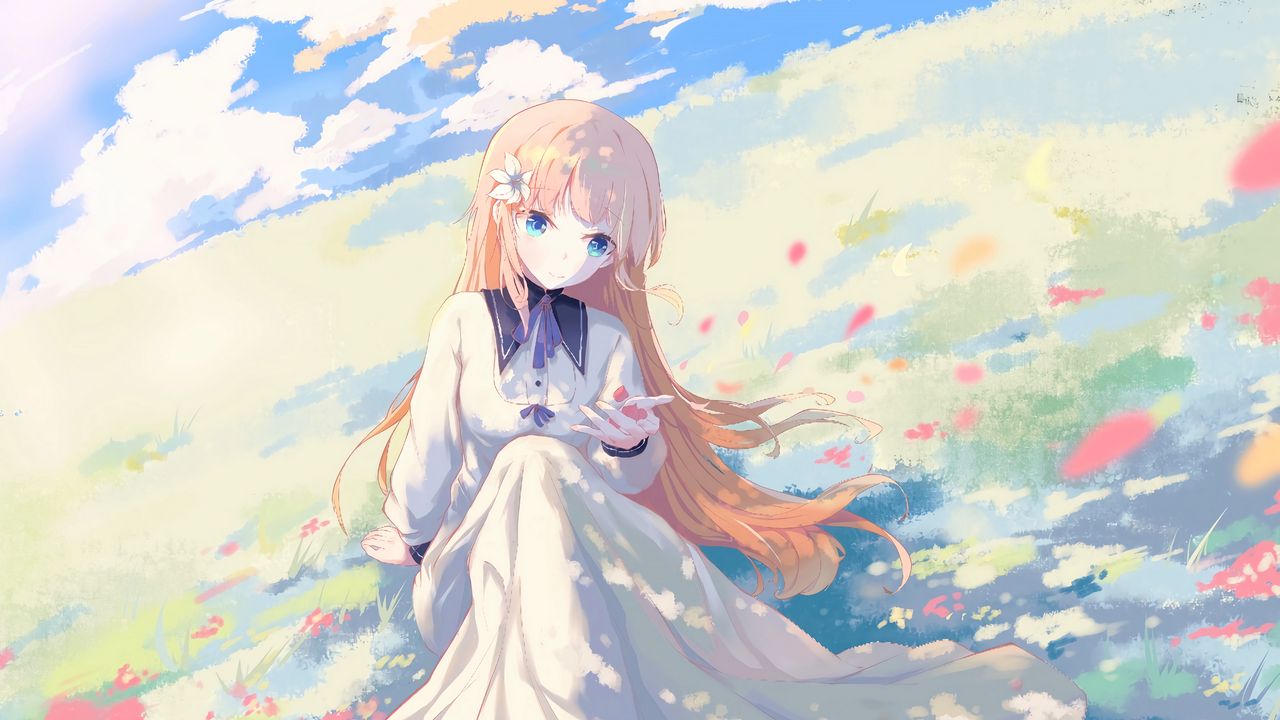 Wallpaper girl, field, petals, anime, art, light