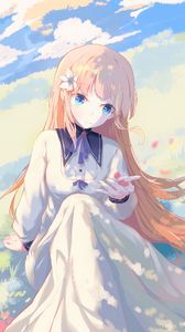 Preview wallpaper girl, field, petals, anime, art, light