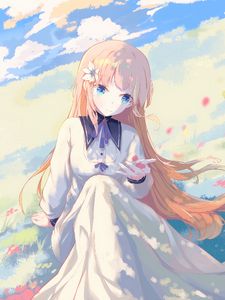 Preview wallpaper girl, field, petals, anime, art, light