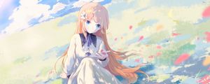 Preview wallpaper girl, field, petals, anime, art, light