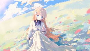 Preview wallpaper girl, field, petals, anime, art, light