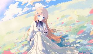 Preview wallpaper girl, field, petals, anime, art, light