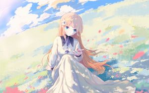 Preview wallpaper girl, field, petals, anime, art, light