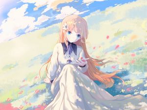 Preview wallpaper girl, field, petals, anime, art, light