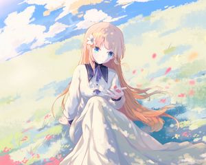 Preview wallpaper girl, field, petals, anime, art, light