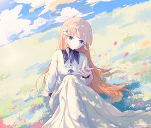 Preview wallpaper girl, field, petals, anime, art, light