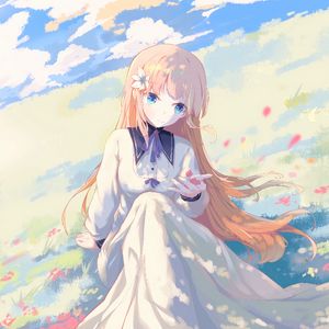 Preview wallpaper girl, field, petals, anime, art, light