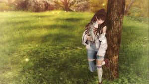 Preview wallpaper girl, field, tree, art, walk