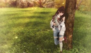 Preview wallpaper girl, field, tree, art, walk
