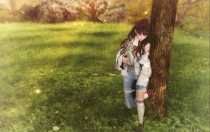 Preview wallpaper girl, field, tree, art, walk