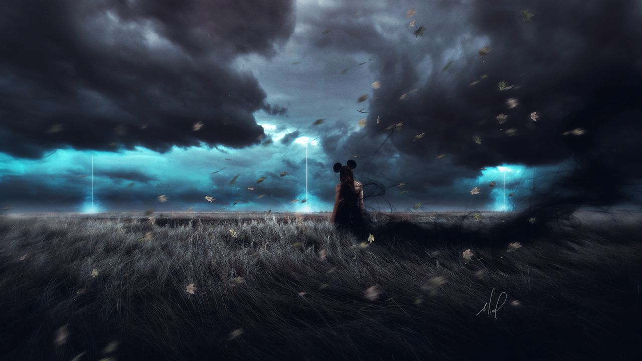 Wallpaper girl, field, wind, cloudy, grass, clouds, art