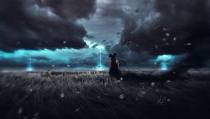 Preview wallpaper girl, field, wind, cloudy, grass, clouds, art