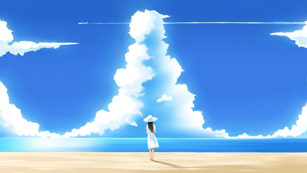 Wallpaper girl, figure, hat, beach, sky, sea, cloud