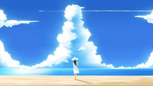 Preview wallpaper girl, figure, hat, beach, sky, sea, cloud
