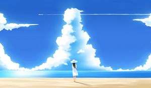 Preview wallpaper girl, figure, hat, beach, sky, sea, cloud