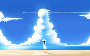 Preview wallpaper girl, figure, hat, beach, sky, sea, cloud