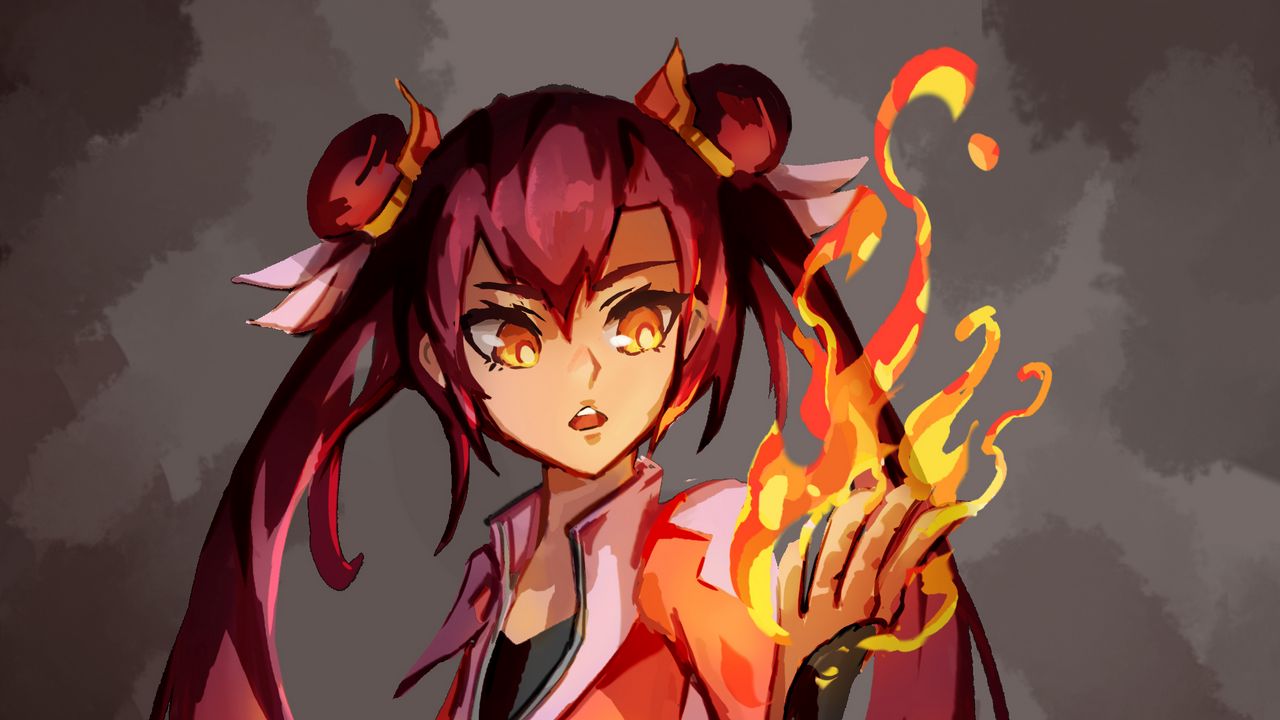 Wallpaper girl, fire, magic, anime