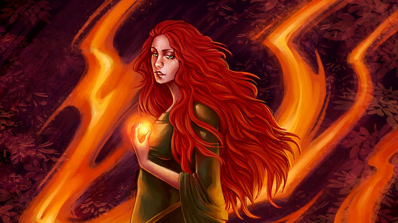 Download wallpaper 1366x768 girl, fire, red-haired, flame, art, dress ...