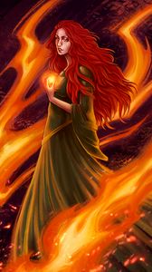 Preview wallpaper girl, fire, red-haired, flame, art, dress