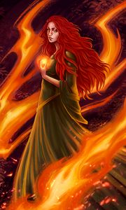 Preview wallpaper girl, fire, red-haired, flame, art, dress