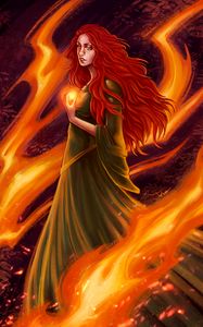 Preview wallpaper girl, fire, red-haired, flame, art, dress