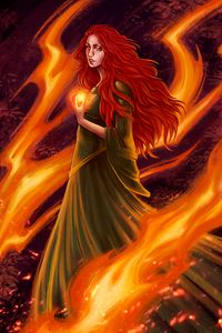 Preview wallpaper girl, fire, red-haired, flame, art, dress