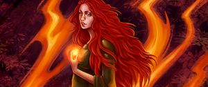 Preview wallpaper girl, fire, red-haired, flame, art, dress