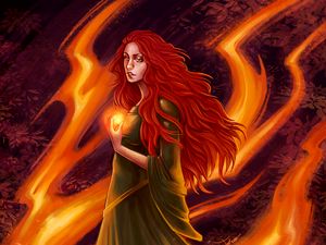 Preview wallpaper girl, fire, red-haired, flame, art, dress