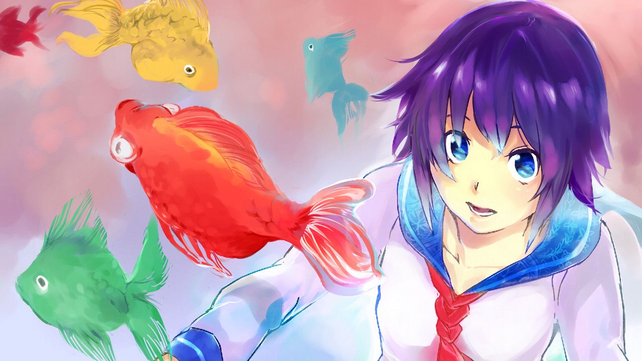 Wallpaper girl, fish, anime