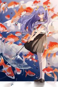 Preview wallpaper girl, fish, umbrella, anime
