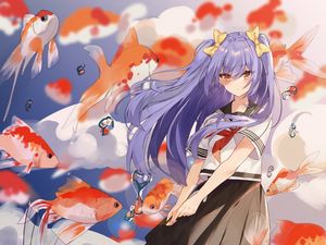 Preview wallpaper girl, fish, umbrella, anime