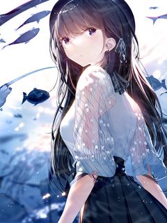 240x320 Wallpaper girl, fish, underwater, anime