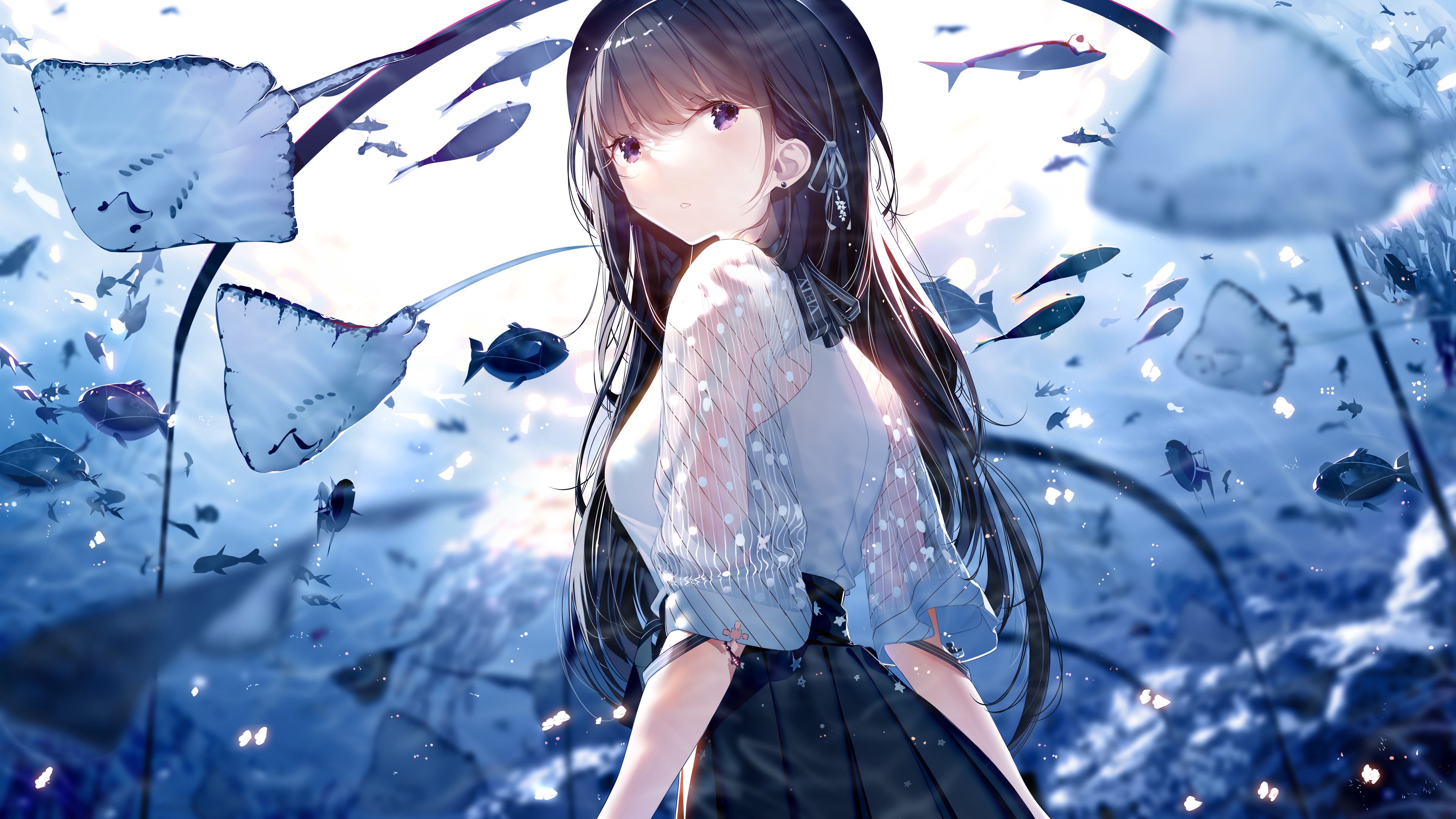 Download wallpaper 3840x2160 girl, fish, underwater, anime hd background