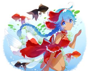 Preview wallpaper girl, fish, underwater world, anime