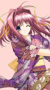 Preview wallpaper girl, flirt, kimono, fan, smile