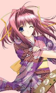 Preview wallpaper girl, flirt, kimono, fan, smile