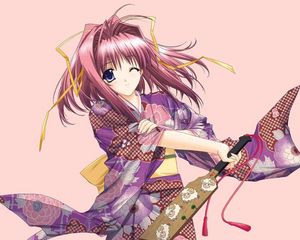 Preview wallpaper girl, flirt, kimono, fan, smile